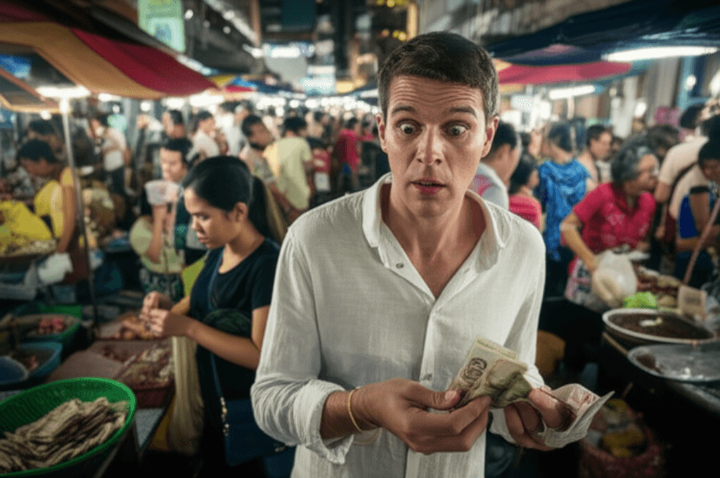 Marché animé à Bangkok, expatrié confus avec l'argent. Arnaques Thaïlande