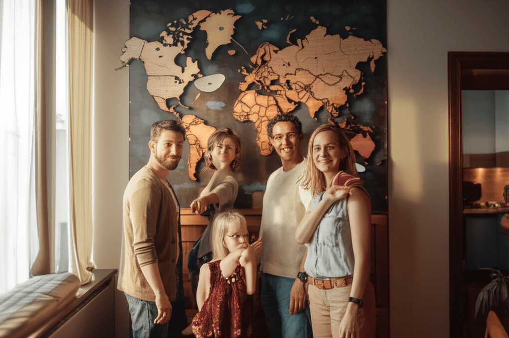 Famille française choisissant assurance santé expatrié devant carte du monde