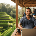 Nomade digital travaille a Bali, rizieres en arriere-plan