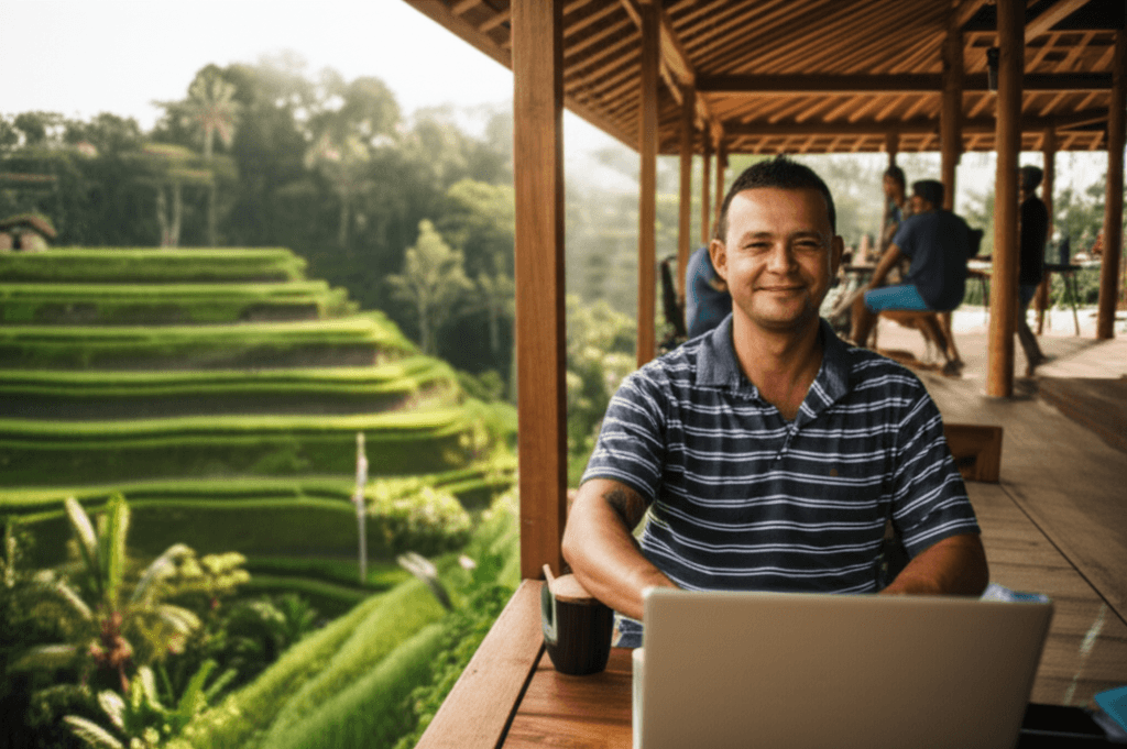 Nomade digital travaille a Bali, rizieres en arriere-plan