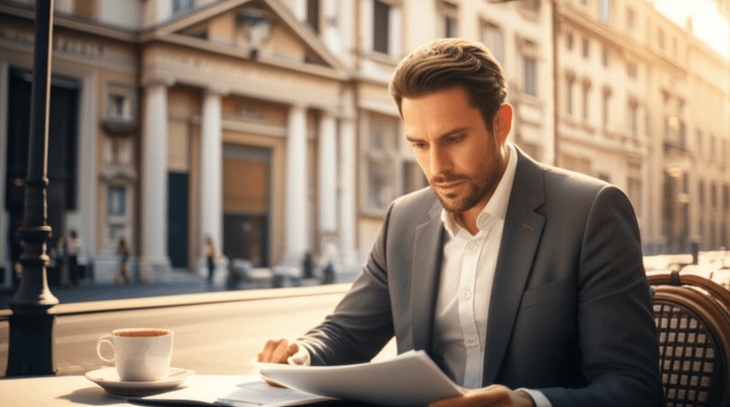 Impôts expatriation : personne perplexe devant des papiers à une terrasse de café.