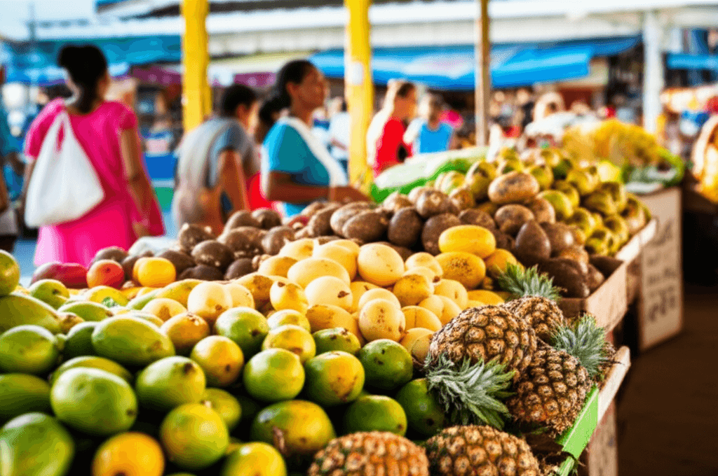 Marché animé à Papeete, Tahiti. Fruits tropicaux, vie locale et coût de la vie en Polynésie.