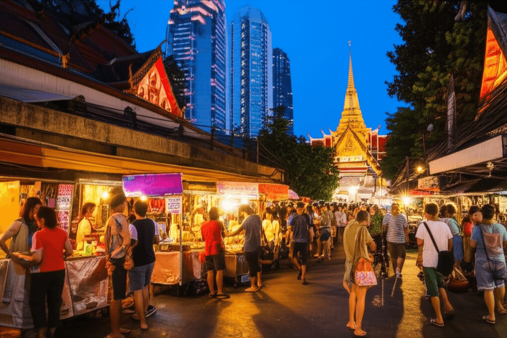 Cout vie Thailande 2026: Rue animee Bangkok au coucher soleil