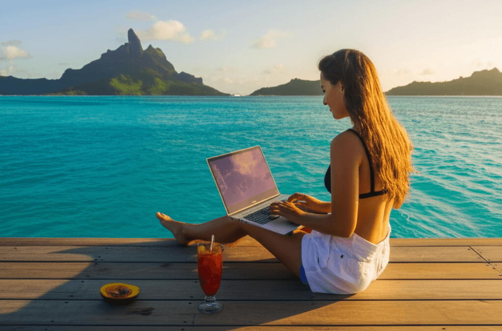 Nomade digital travaillant à Moorea, Polynésie