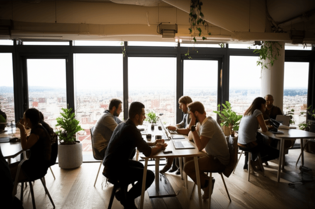 Espace de coworking animé à Barcelone. Ambiance startup dynamique.