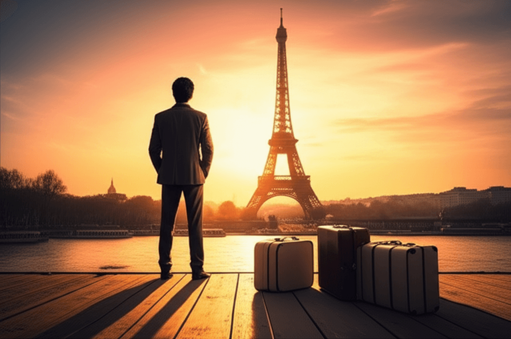 Personne regardant le soleil couchant sur la Tour Eiffel, valises à côté.