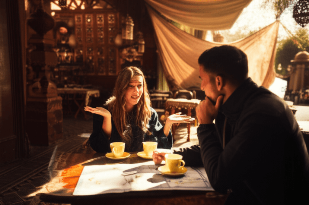 Couple discutant expatriation à Marrakech
