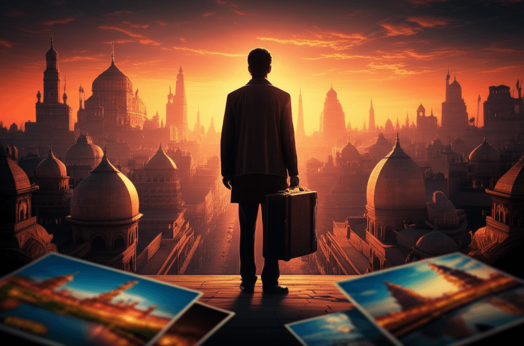 Expatriation ratée : silhouette devant une ville au coucher de soleil