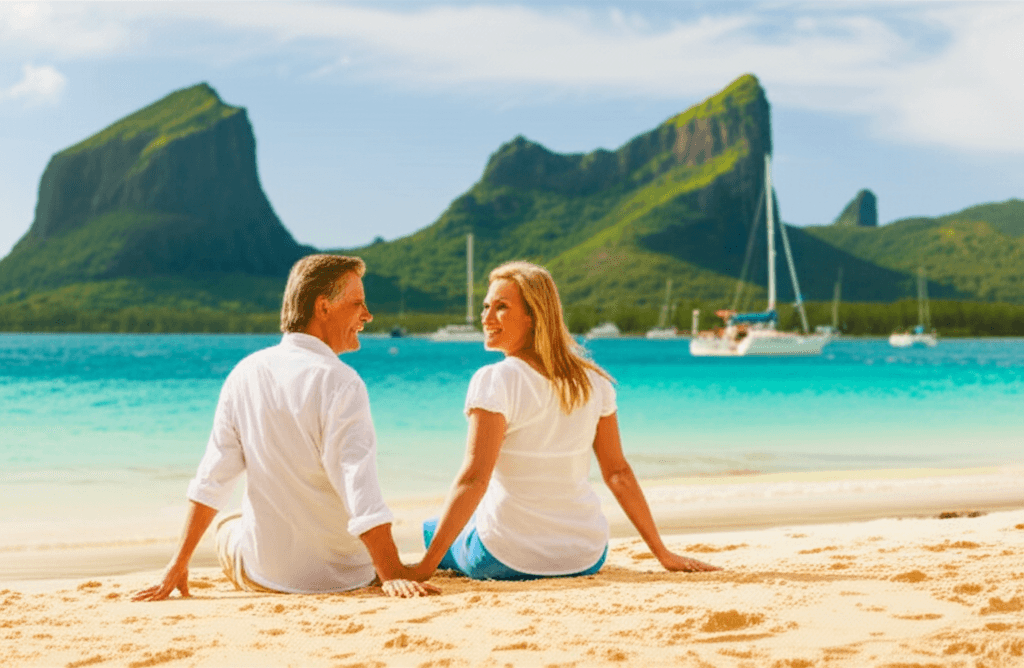 Couple français se détendant sur une plage à l'île Maurice