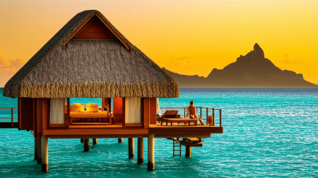 Bungalow sur l'eau, Polynésie française au coucher du soleil