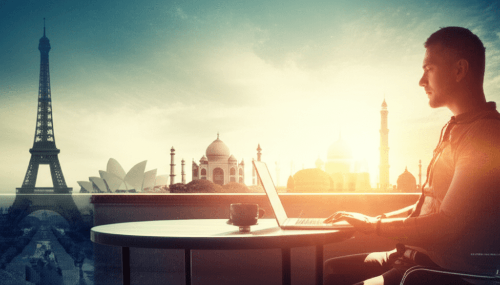 Expatrié travaillant au café, monuments du monde en arrière-plan
