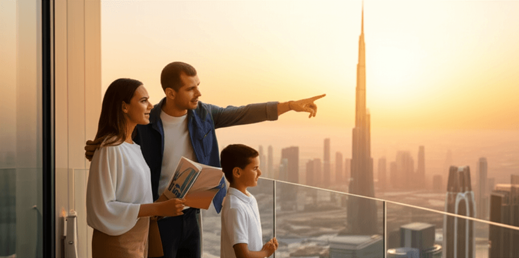 Famille française à Dubaï au coucher du soleil, Golden Visa