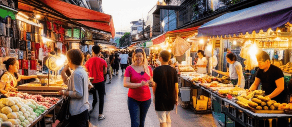 Marché thaïlandais animé au coucher du soleil
