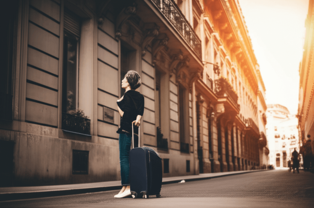 Retour en France : une personne devant un immeuble parisien avec une valise