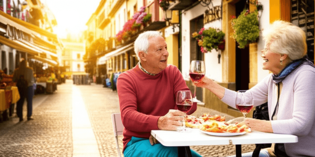 Couple de retraités français profitant du soleil et de la gastronomie en Espagne.
