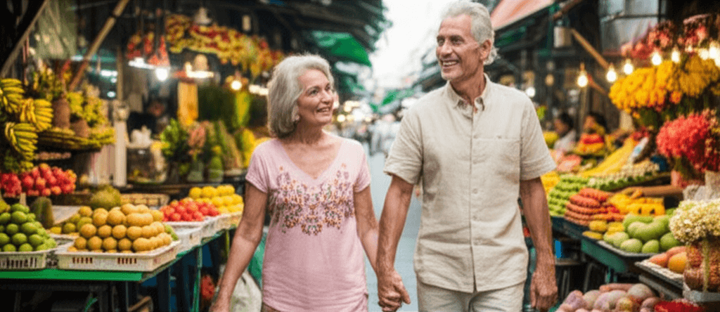 Couple de retraités français flânant sur un marché à Bangkok