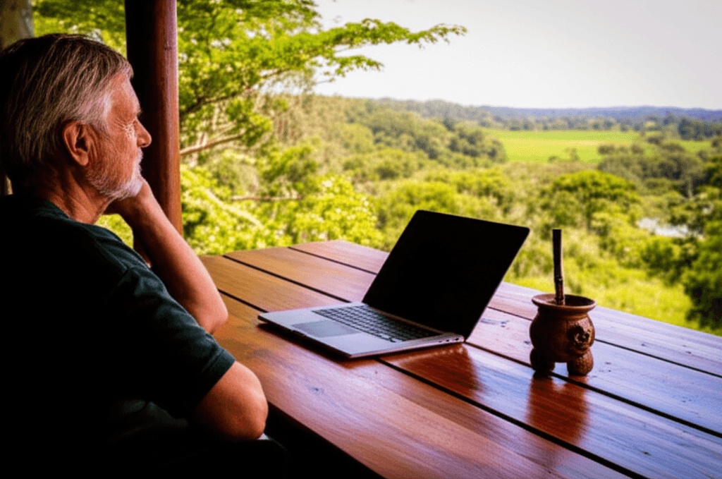 Expatriation Paraguay: paysage verdoyant, mate, ordinateur portable. Liberté financière.