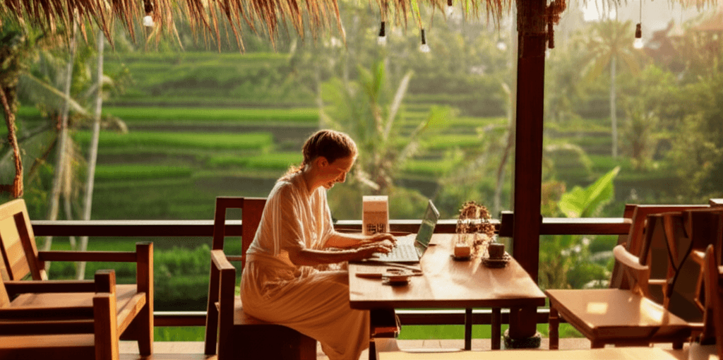 Télétravail à Bali : une Française, digital nomad, travaille depuis un café.
