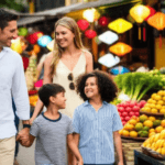 Famille francaise au Vietnam, marchant dans un marché animé à Hoi An
