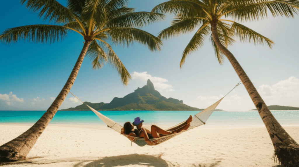 Couple hamac plage Bora Bora au coucher soleil. Lagon turquoise et Mont Otemanu